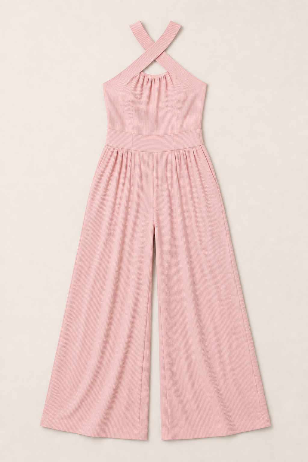 Cross-Neck Wide-Leg Jumpsuit in Pink, flat lay