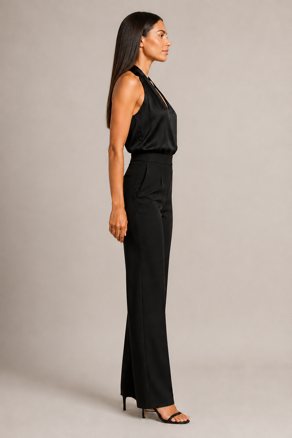 Side view of the black draped halter-neck blouse