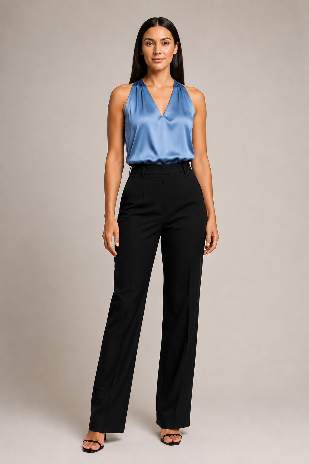 Woman wearing the blue draped halter-neck blouse, front three-quarter view