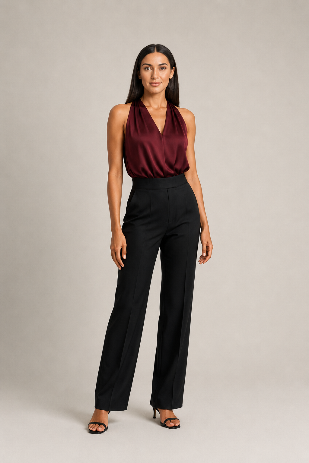 Woman wearing the burgundy draped halter-neck blouse, front three-quarter view