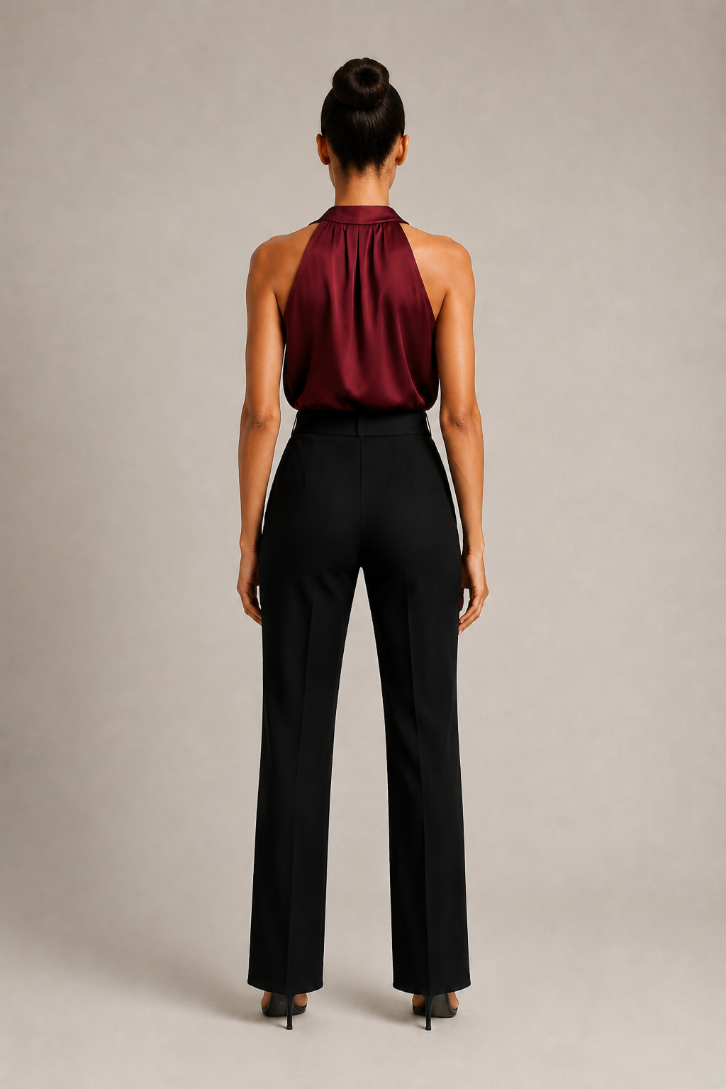 Back view of the burgundy draped halter-neck blouse