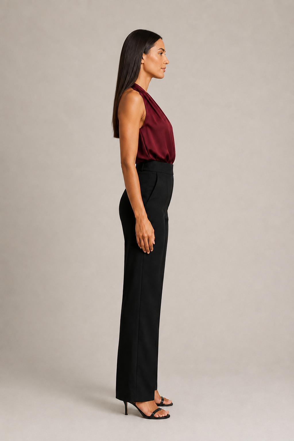 Side view of the burgundy draped halter-neck blouse