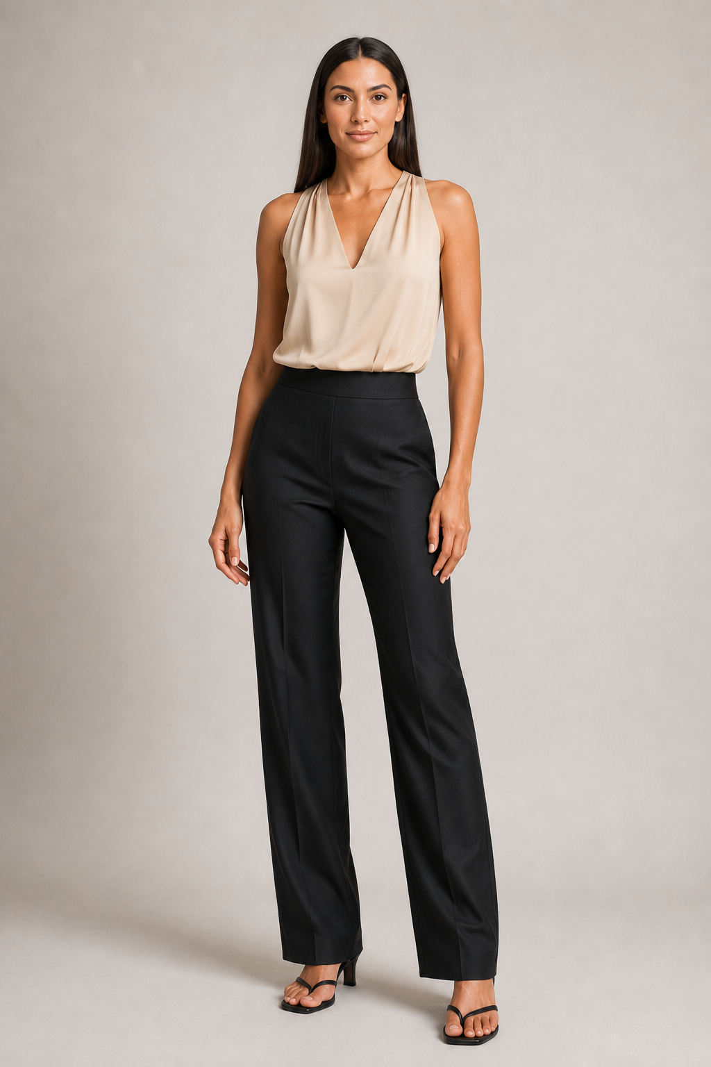Woman wearing the champagne draped halter-neck blouse, front three-quarter view