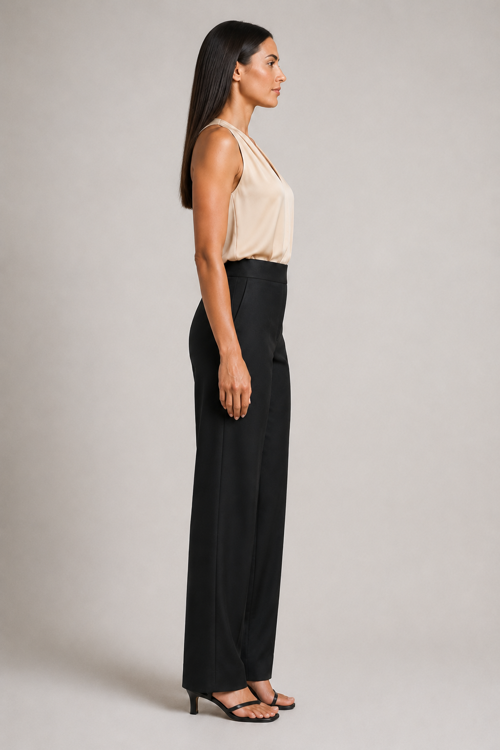 Side view of the champagne draped halter-neck blouse