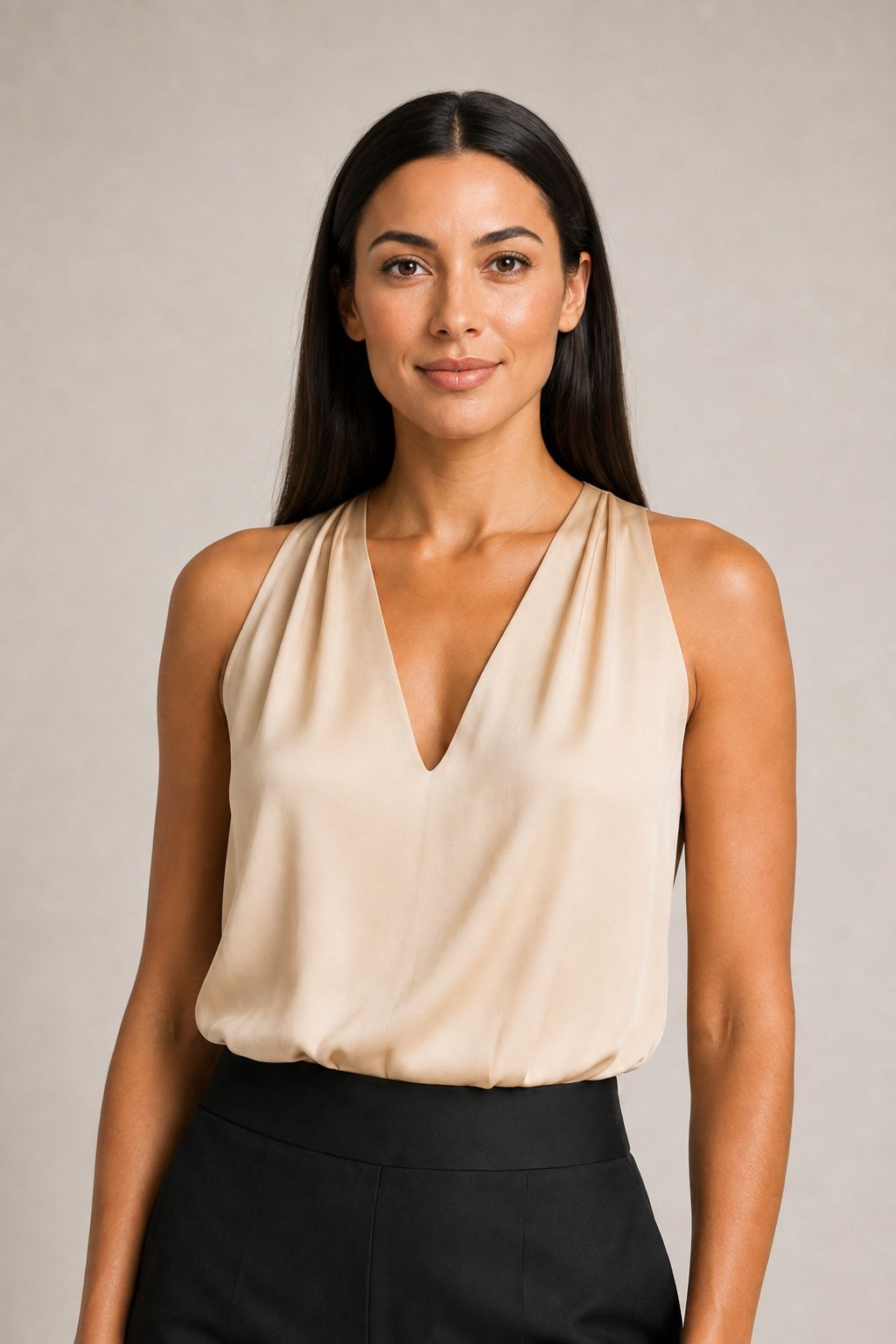 Model-worn close-up of the champagne blouse showing the smooth lustrous fabric and soft drape