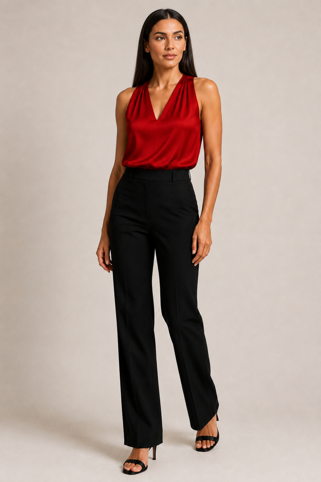 Woman wearing the red draped halter-neck blouse, front three-quarter view