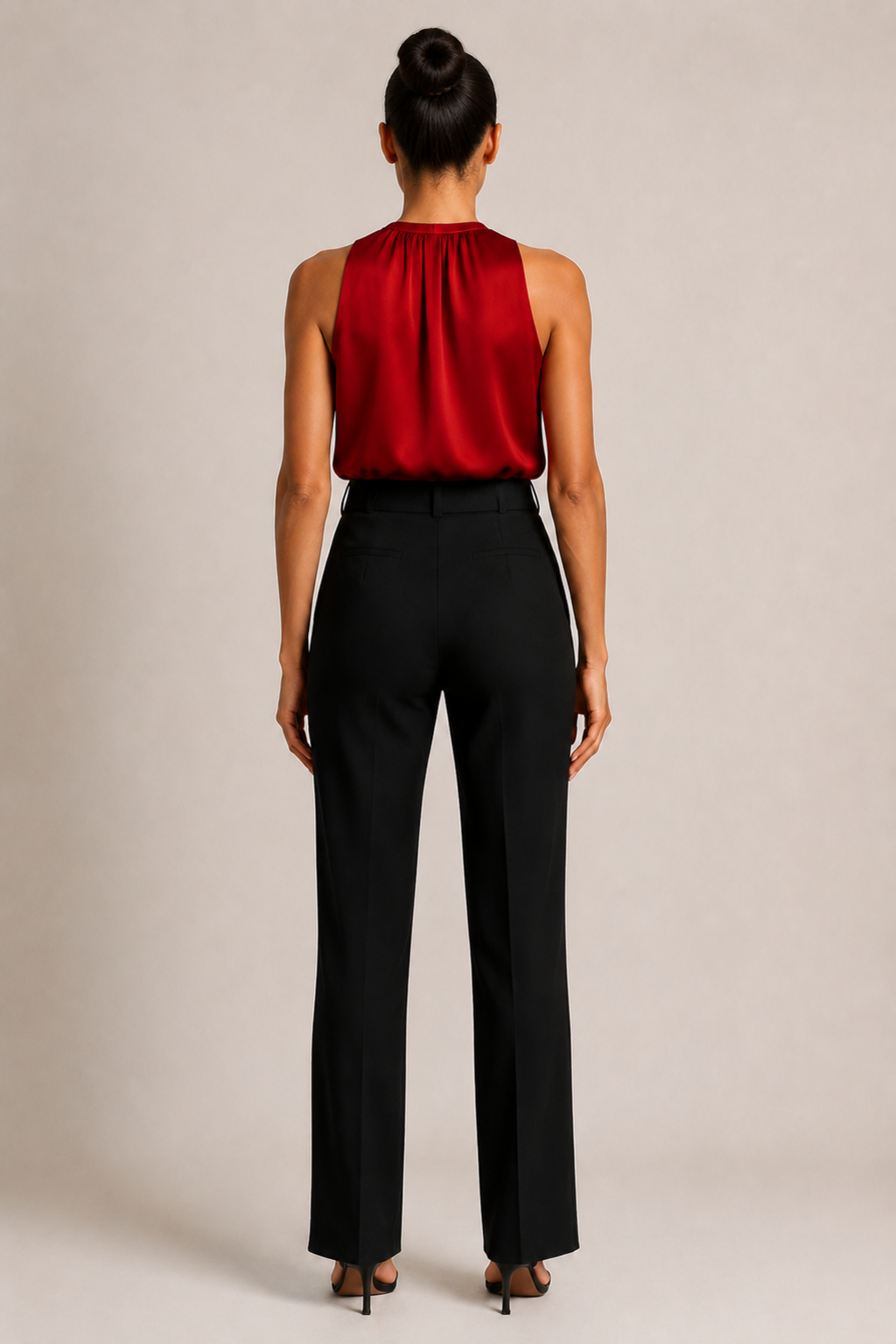 Back view of the red draped halter-neck blouse