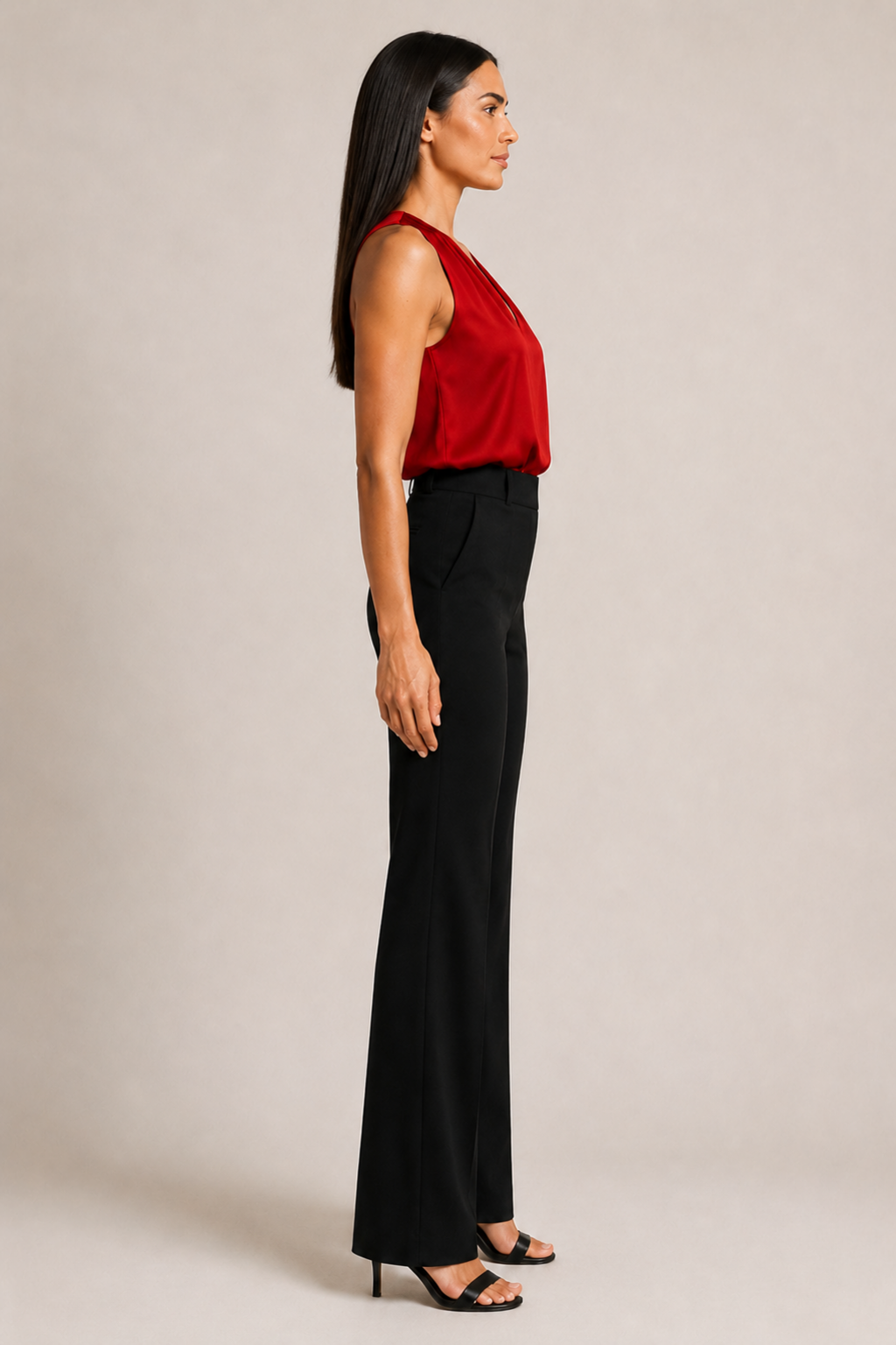 Side view of the red draped halter-neck blouse