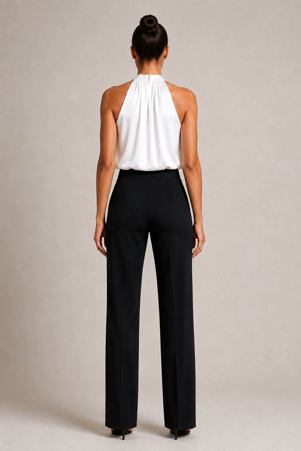 Back view of the white draped halter-neck blouse