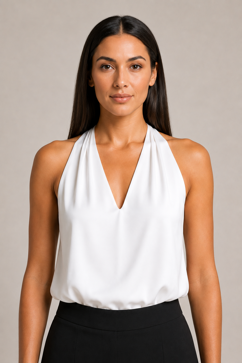 Model-worn close-up of the white blouse showing the smooth lustrous fabric and soft drape