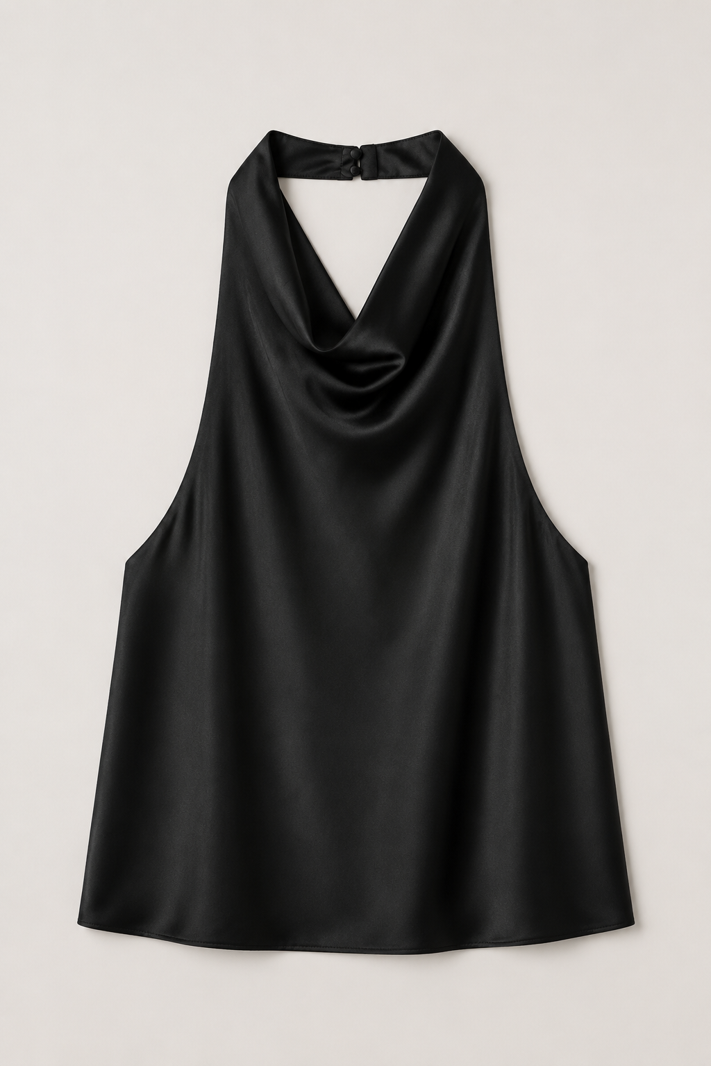Flat-lay of the black draped open-back halter top