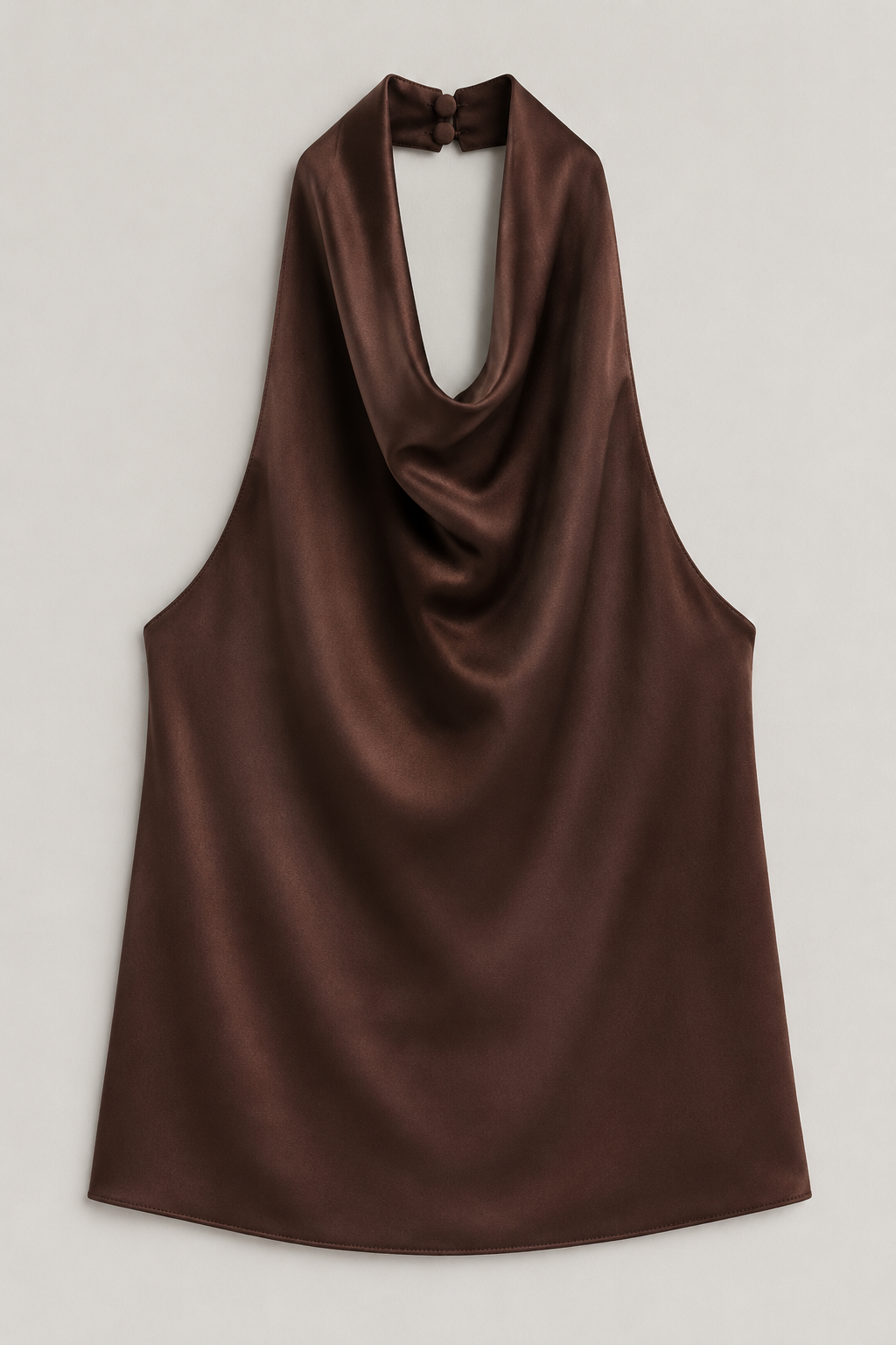 Flat-lay of the brown draped open-back halter top