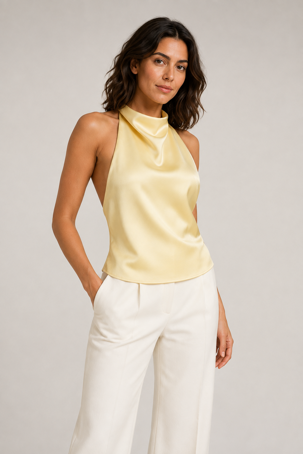 Woman wearing the yellow draped open-back halter top, front three-quarter view
