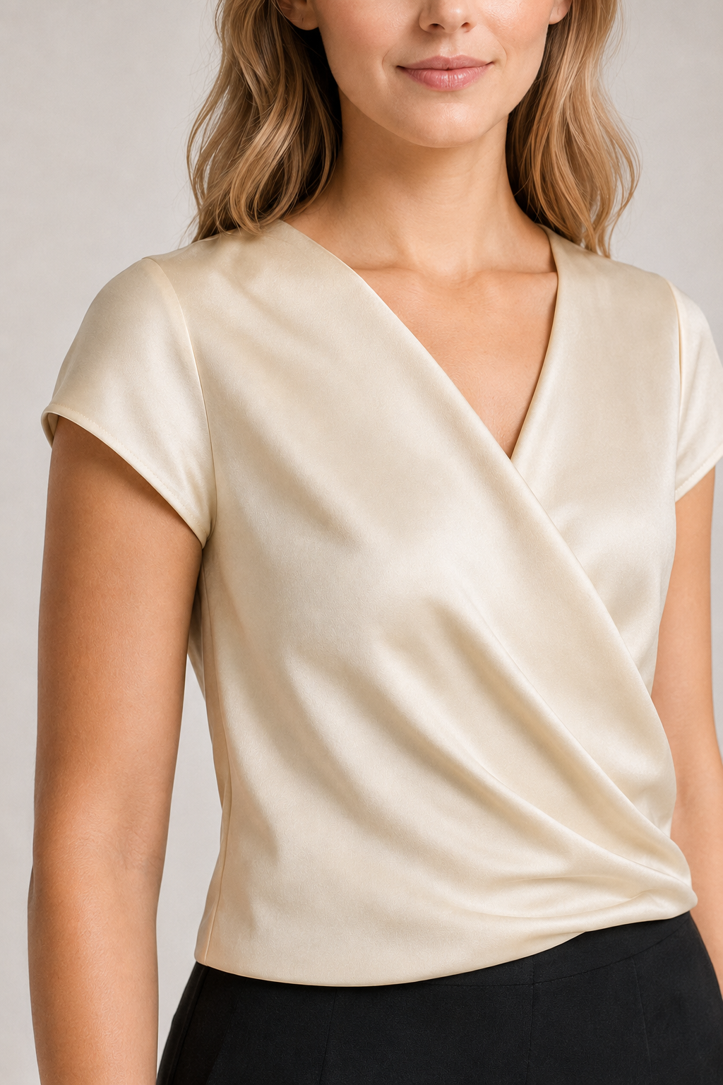 Draped Wrap V-Neck Blouse in Apricot, draped fabric detail