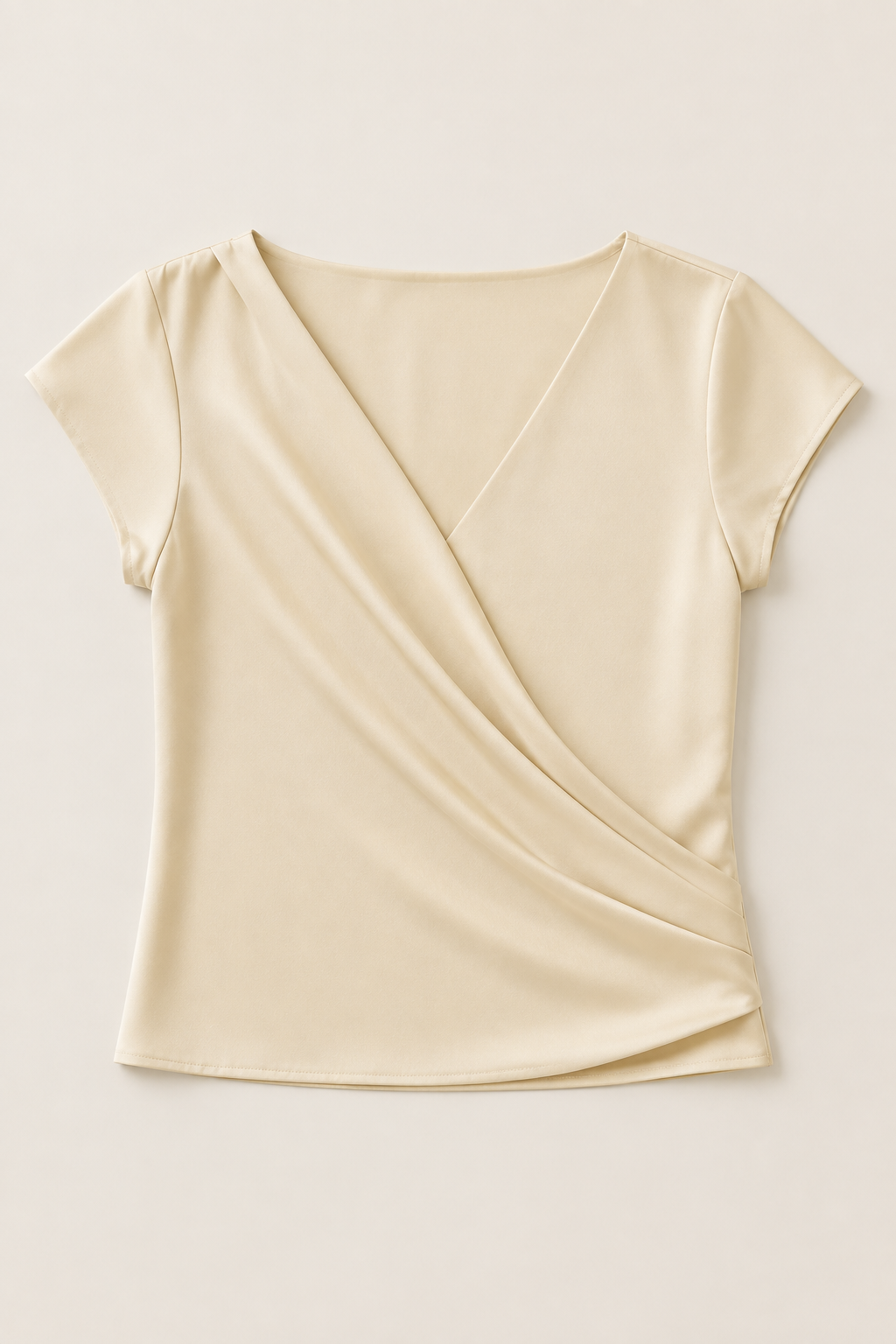 Draped Wrap V-Neck Blouse in Apricot, flat lay
