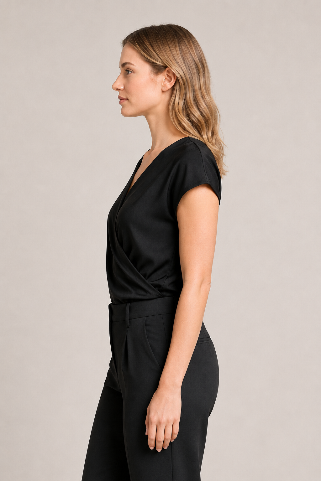 Draped Wrap V-Neck Blouse in Black, side view