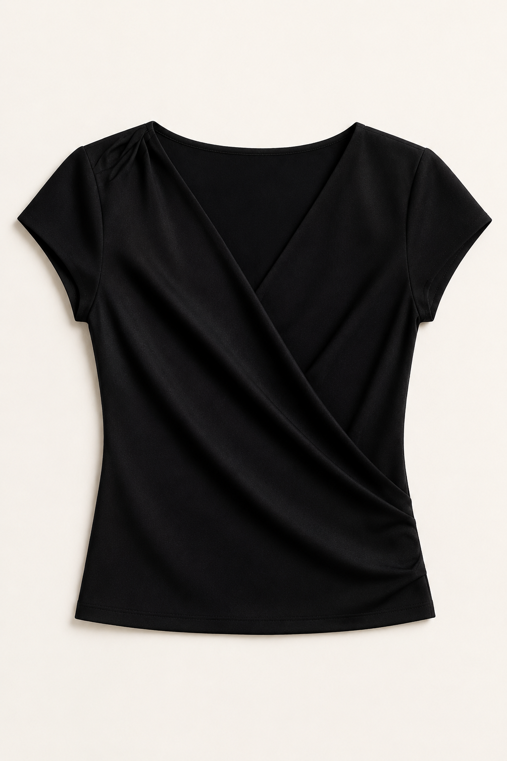 Draped Wrap V-Neck Blouse in Black, flat lay
