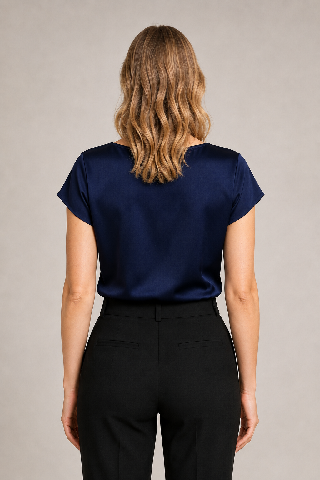 Draped Wrap V-Neck Blouse in Dark Blue, back view
