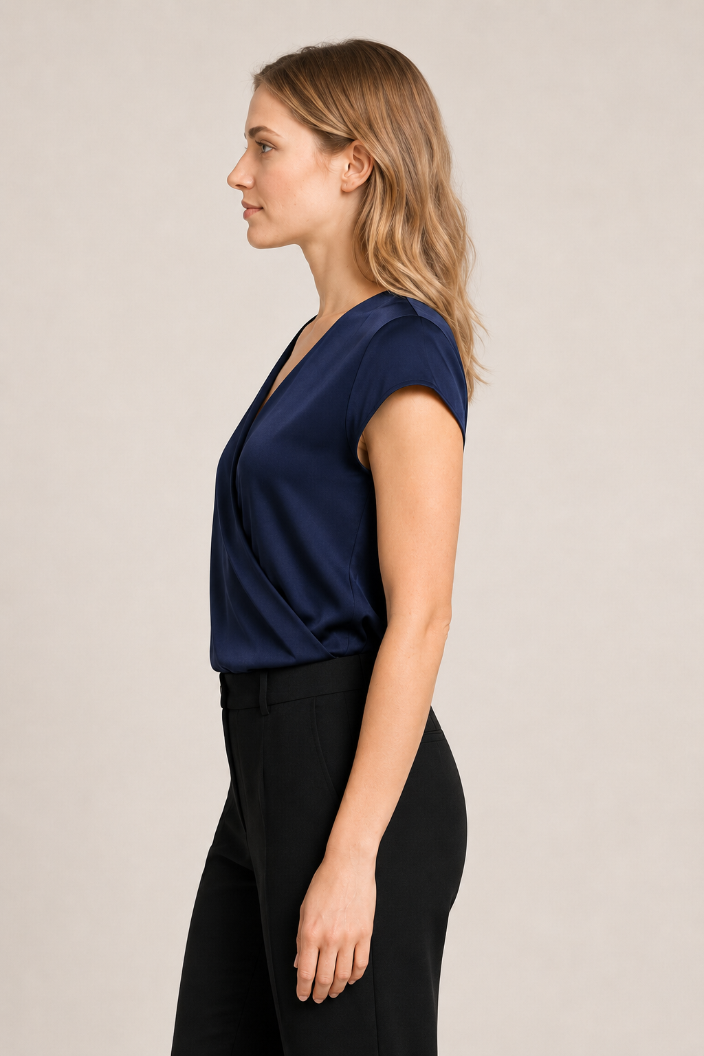 Draped Wrap V-Neck Blouse in Dark Blue, side view