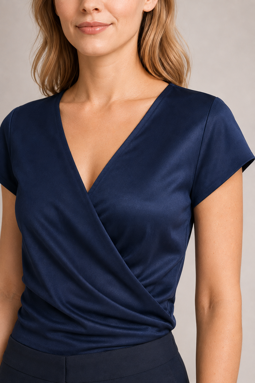 Draped Wrap V-Neck Blouse in Dark Blue, draped fabric detail