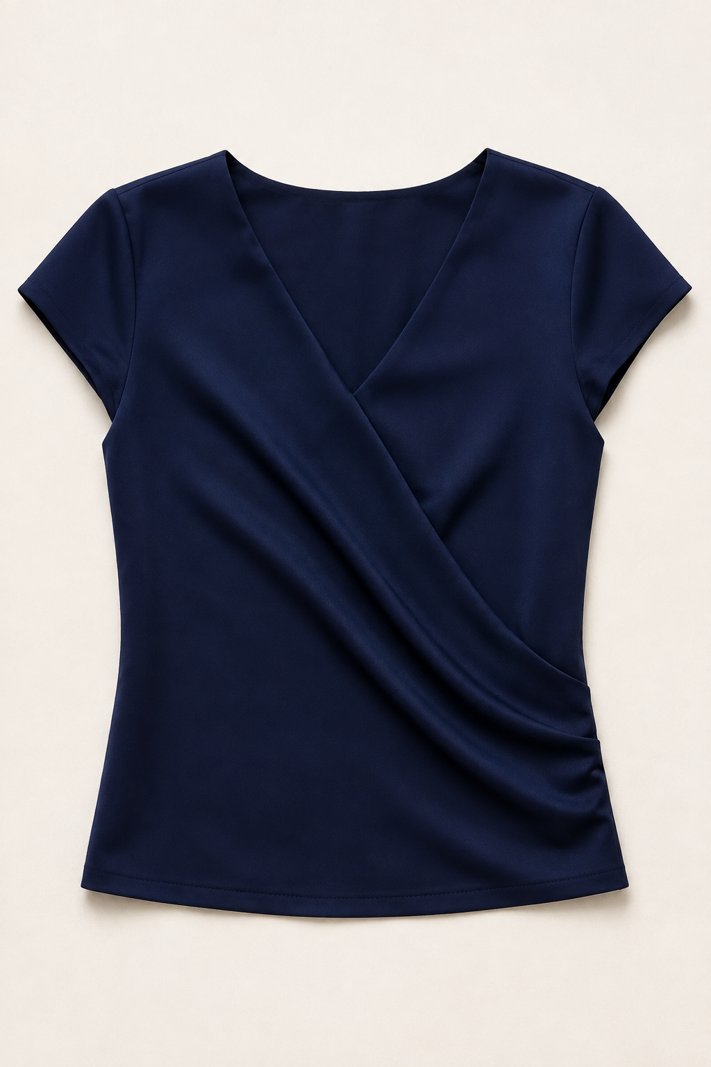 Draped Wrap V-Neck Blouse in Dark Blue, flat lay