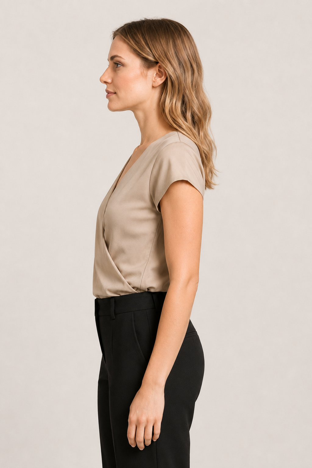Draped Wrap V-Neck Blouse in Khaki, side view
