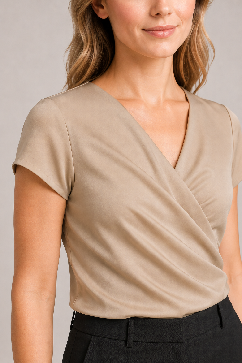Draped Wrap V-Neck Blouse in Khaki, draped fabric detail