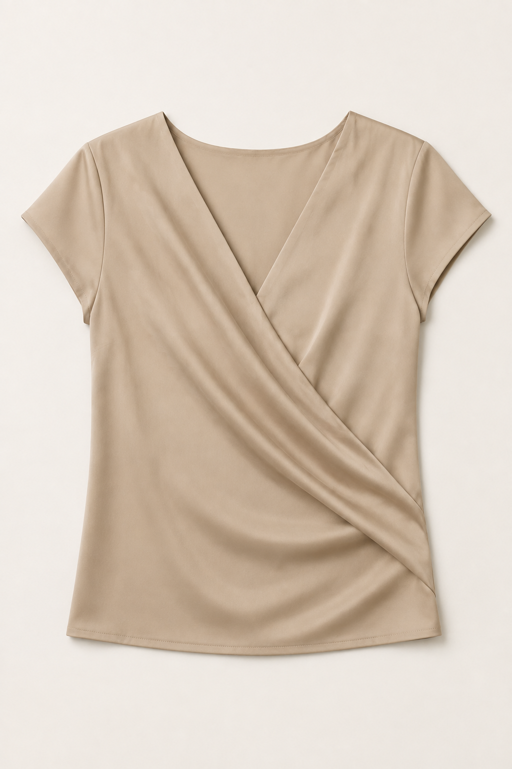 Draped Wrap V-Neck Blouse in Khaki, flat lay