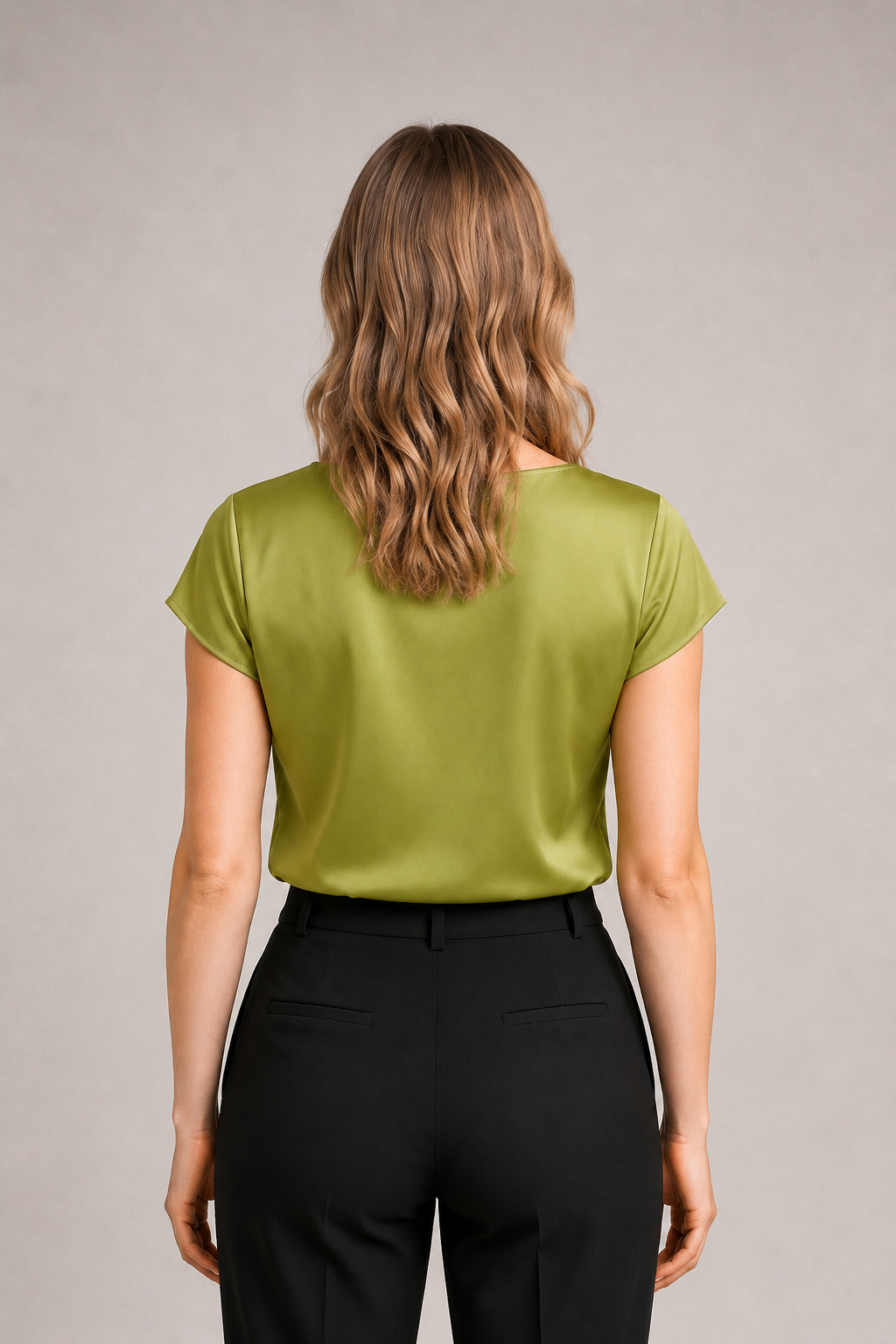 Draped Wrap V-Neck Blouse in Matcha, back view