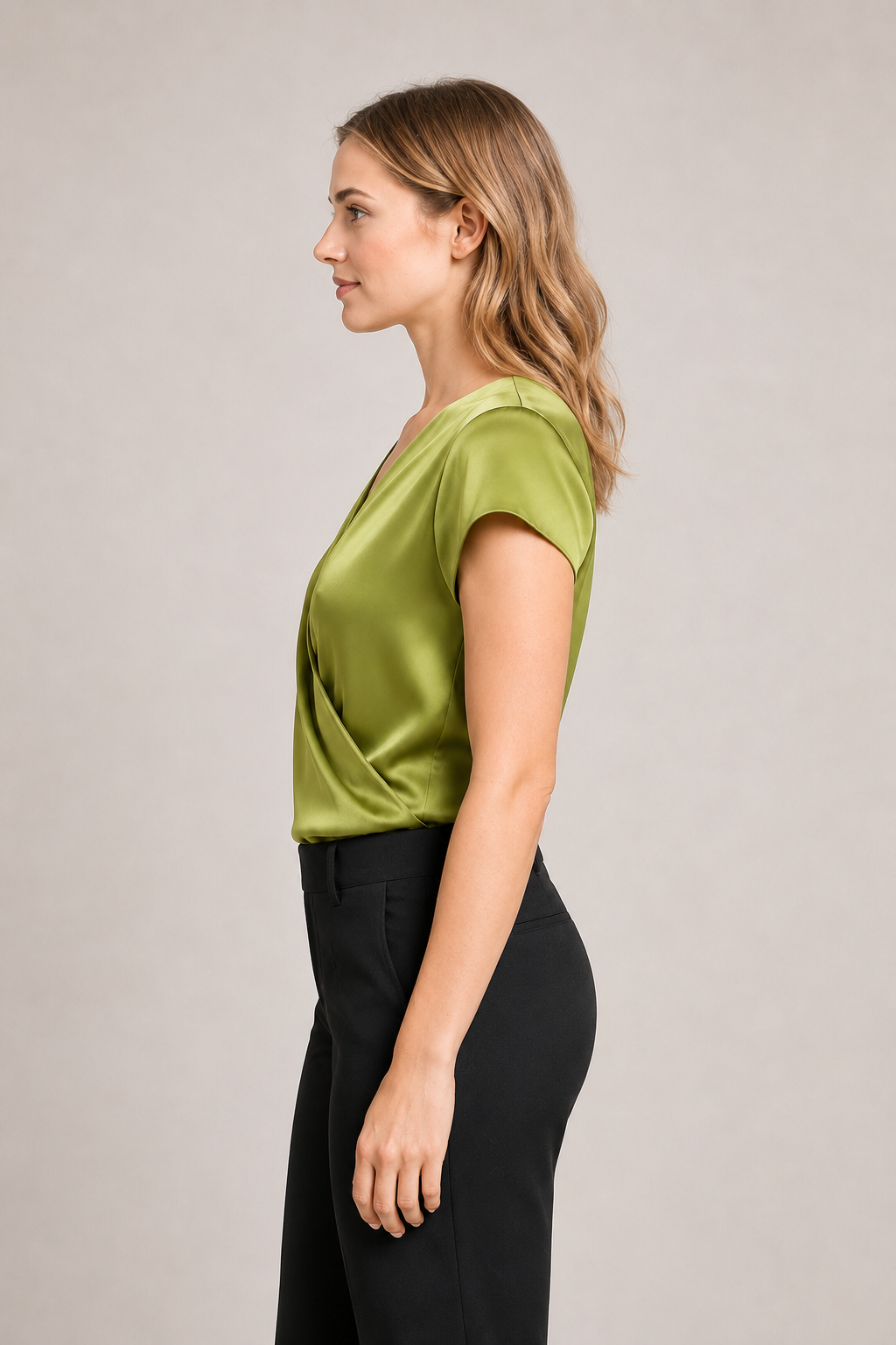 Draped Wrap V-Neck Blouse in Matcha, side view