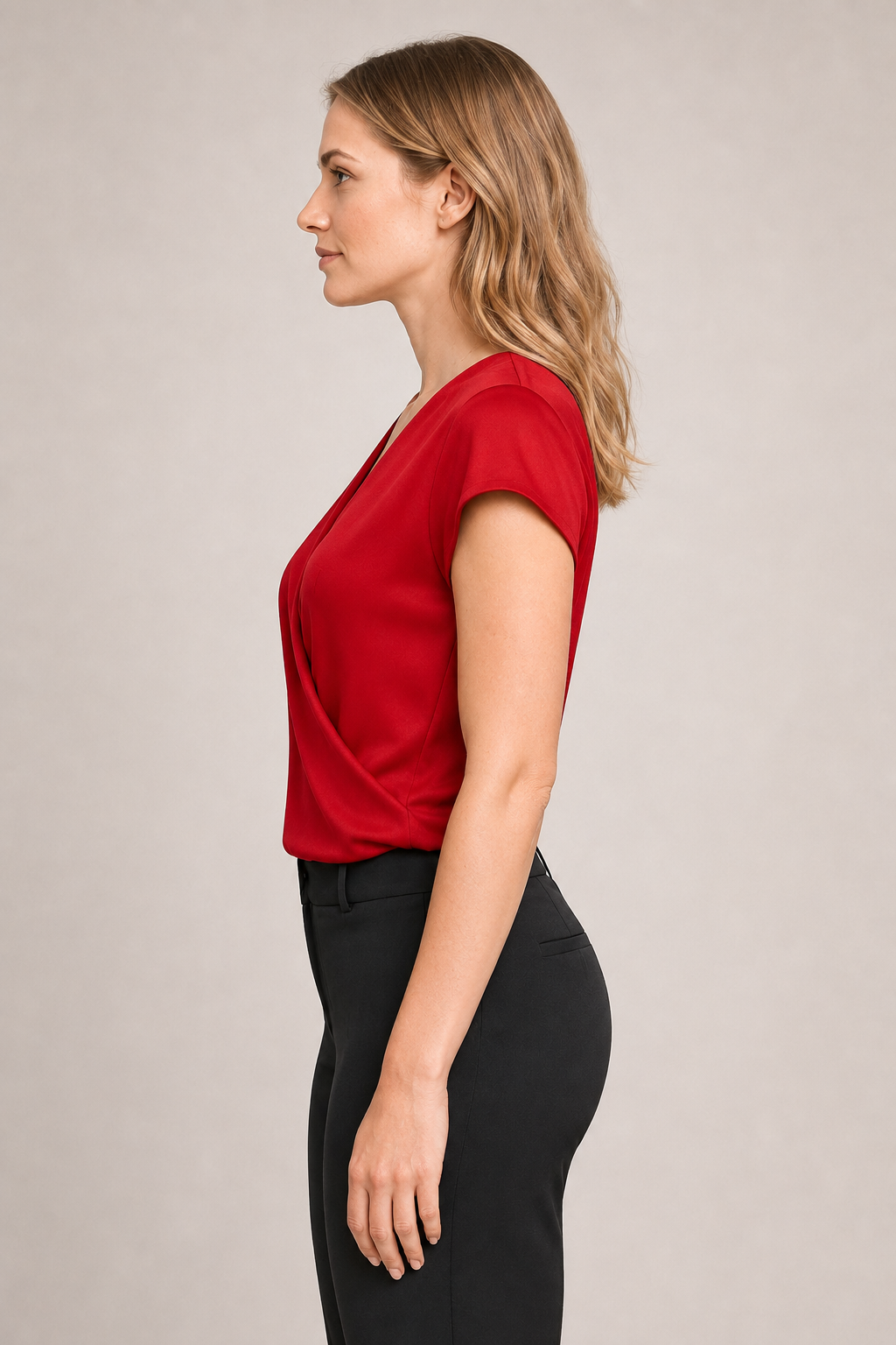 Draped Wrap V-Neck Blouse in Red, side view
