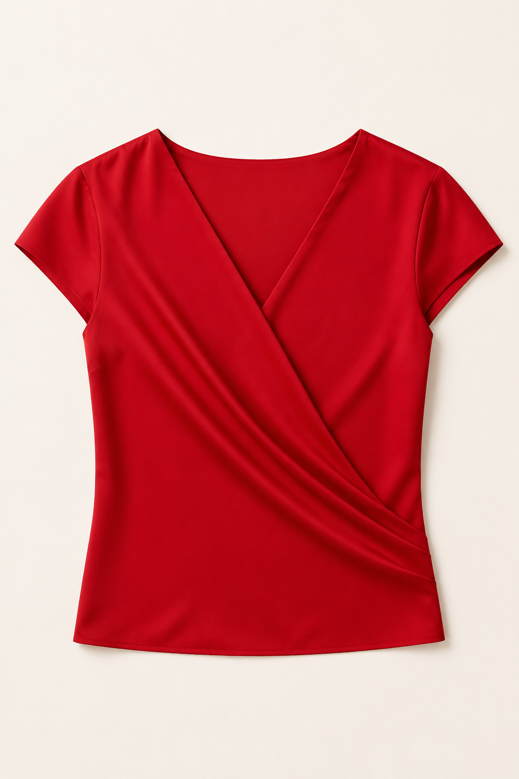 Draped Wrap V-Neck Blouse in Red, flat lay