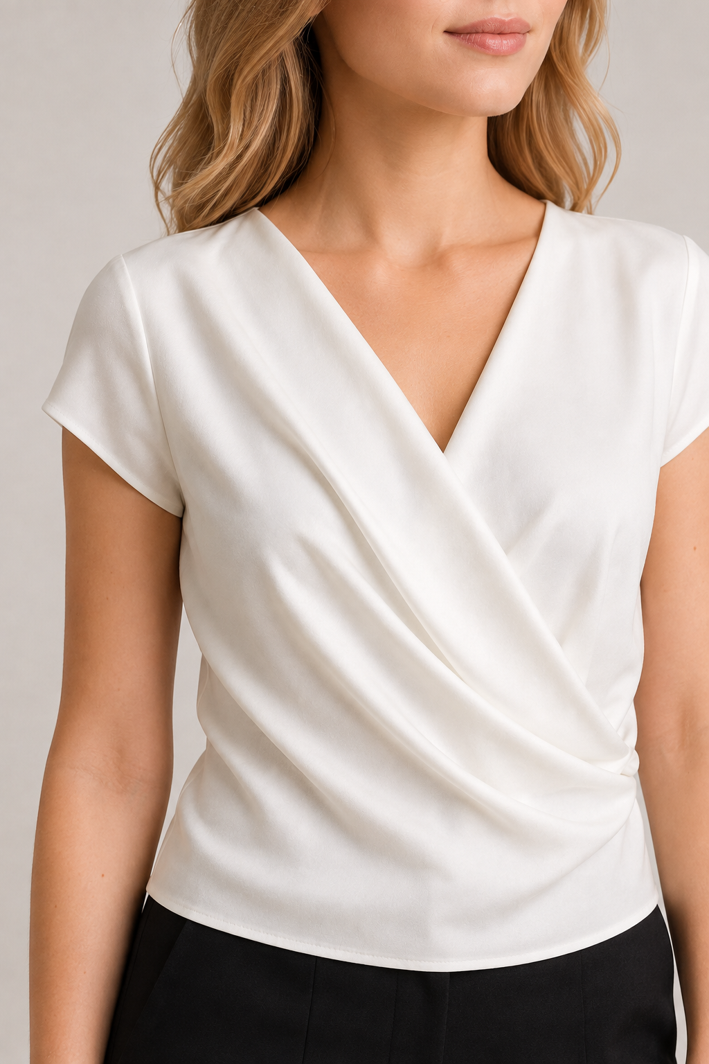 Draped Wrap V-Neck Blouse in White, draped fabric detail