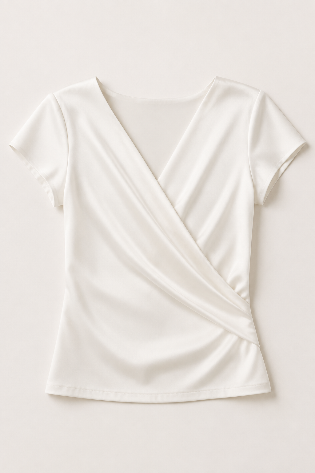 Draped Wrap V-Neck Blouse in White, flat lay