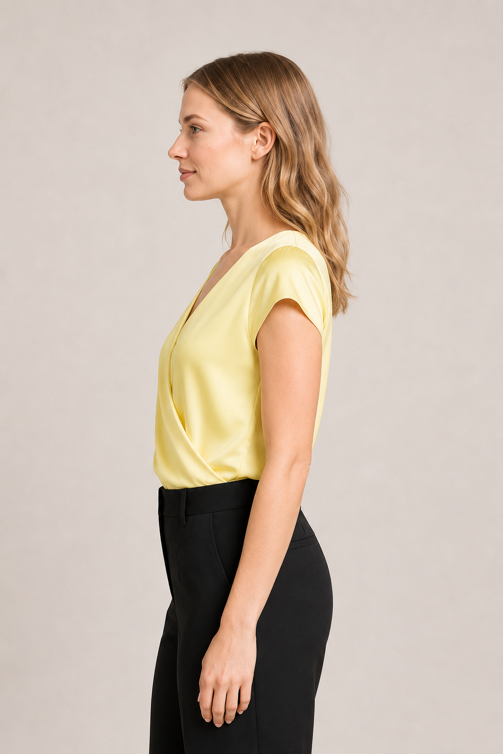 Draped Wrap V-Neck Blouse in Yellow, side view