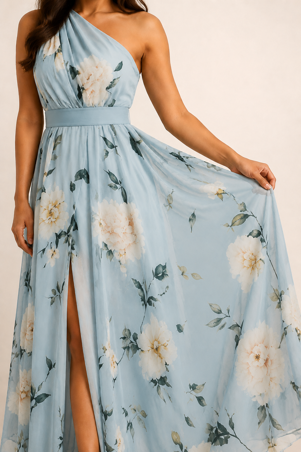 Model-worn close-up of the light blue dress showing the large floral print and fluid fabric