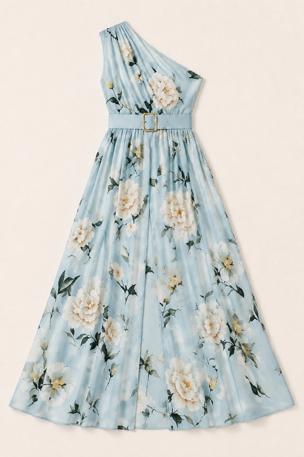 Flat-lay of the light blue floral one-shoulder maxi dress showing the belt and front split