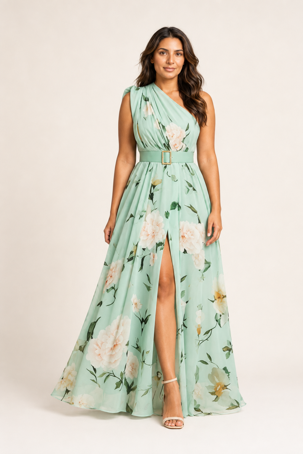 Woman wearing the light green floral one-shoulder maxi dress, front three-quarter view