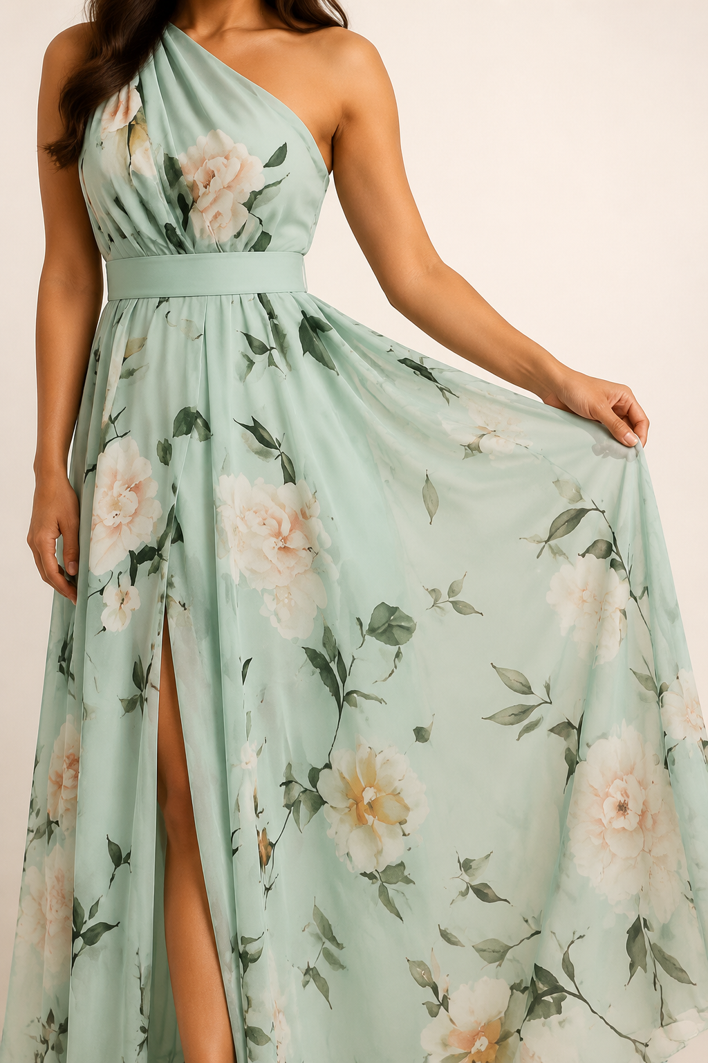 Model-worn close-up of the light green dress showing the large floral print and fluid fabric