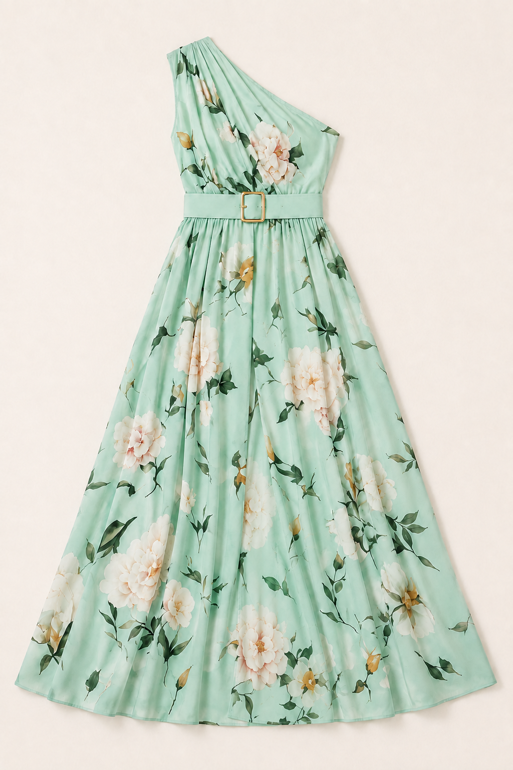 Flat-lay of the light green floral one-shoulder maxi dress showing the belt and front split