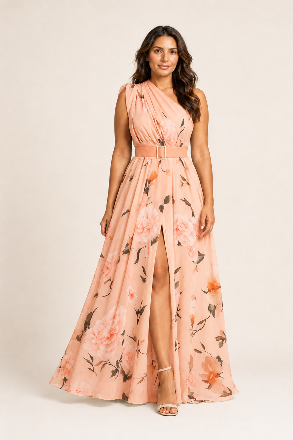 Woman wearing the pink floral one-shoulder maxi dress, front three-quarter view
