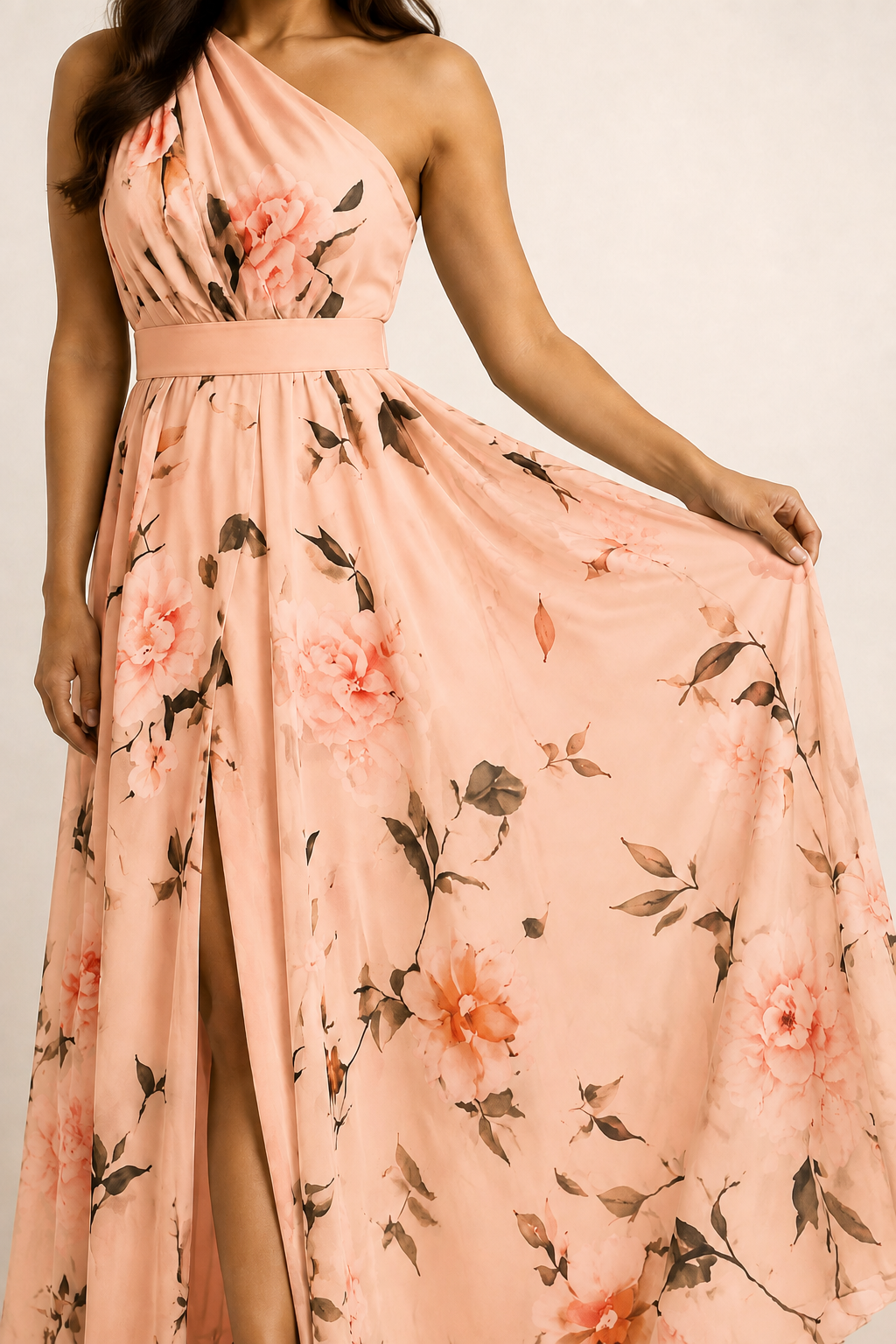 Model-worn close-up of the pink dress showing the large floral print and fluid fabric