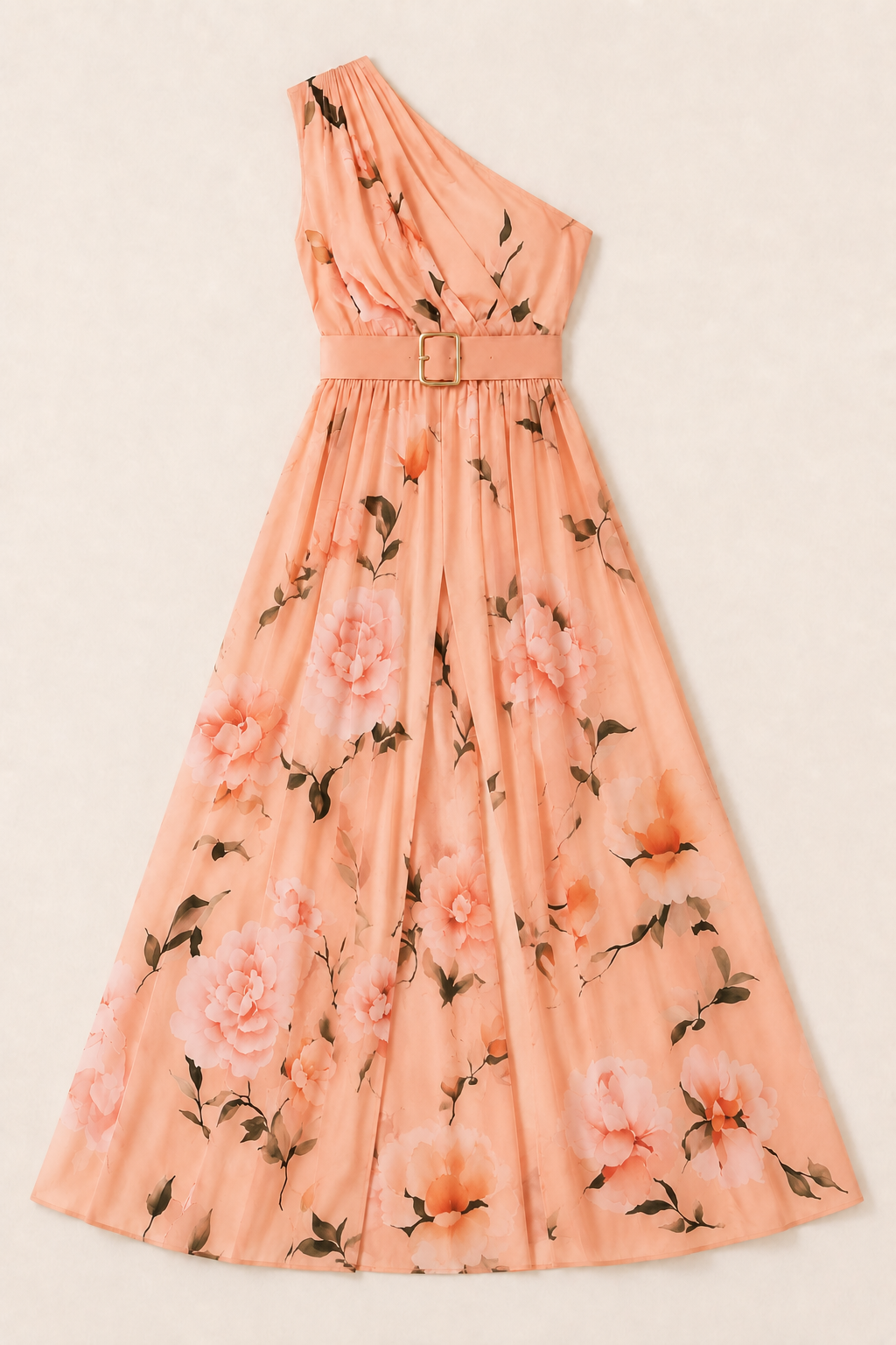 Flat-lay of the pink floral one-shoulder maxi dress showing the belt and front split