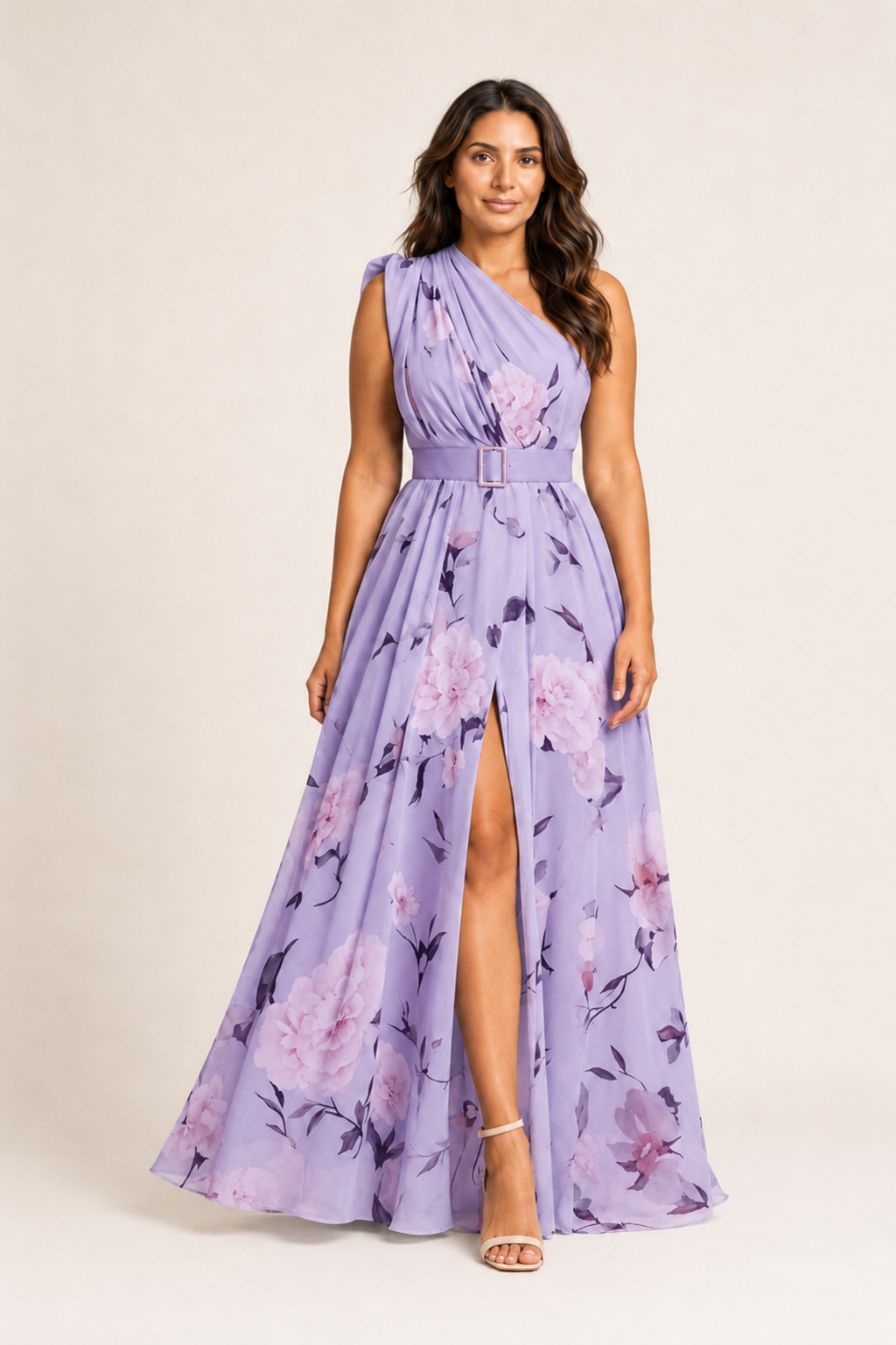 Woman wearing the purple floral one-shoulder maxi dress, front three-quarter view