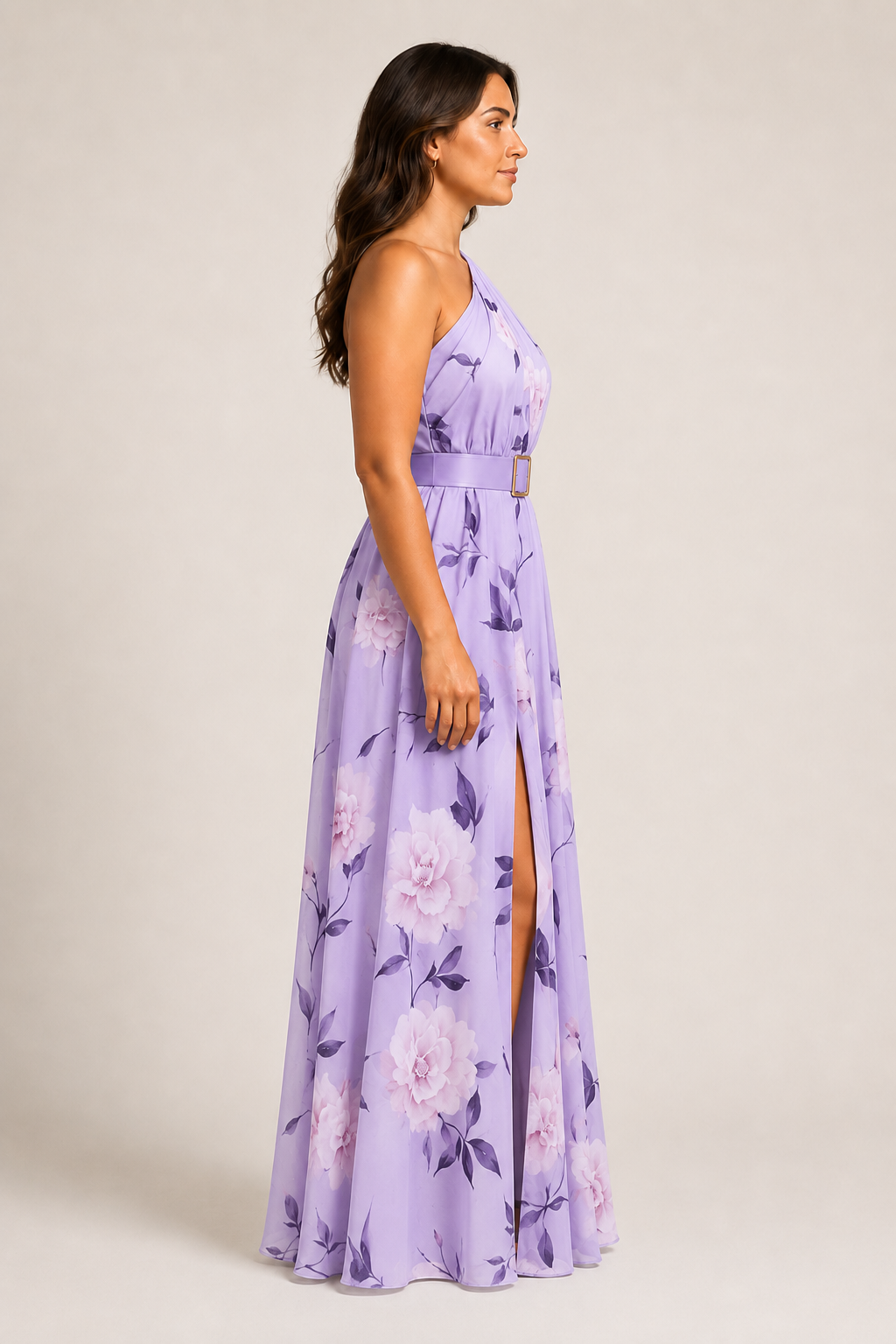 Side view of the purple floral one-shoulder maxi dress showing the belted waist and front split