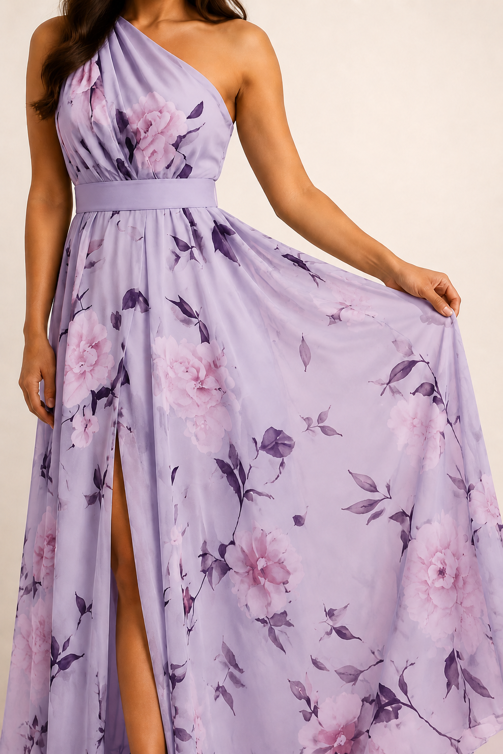 Model-worn close-up of the purple dress showing the large floral print and fluid fabric