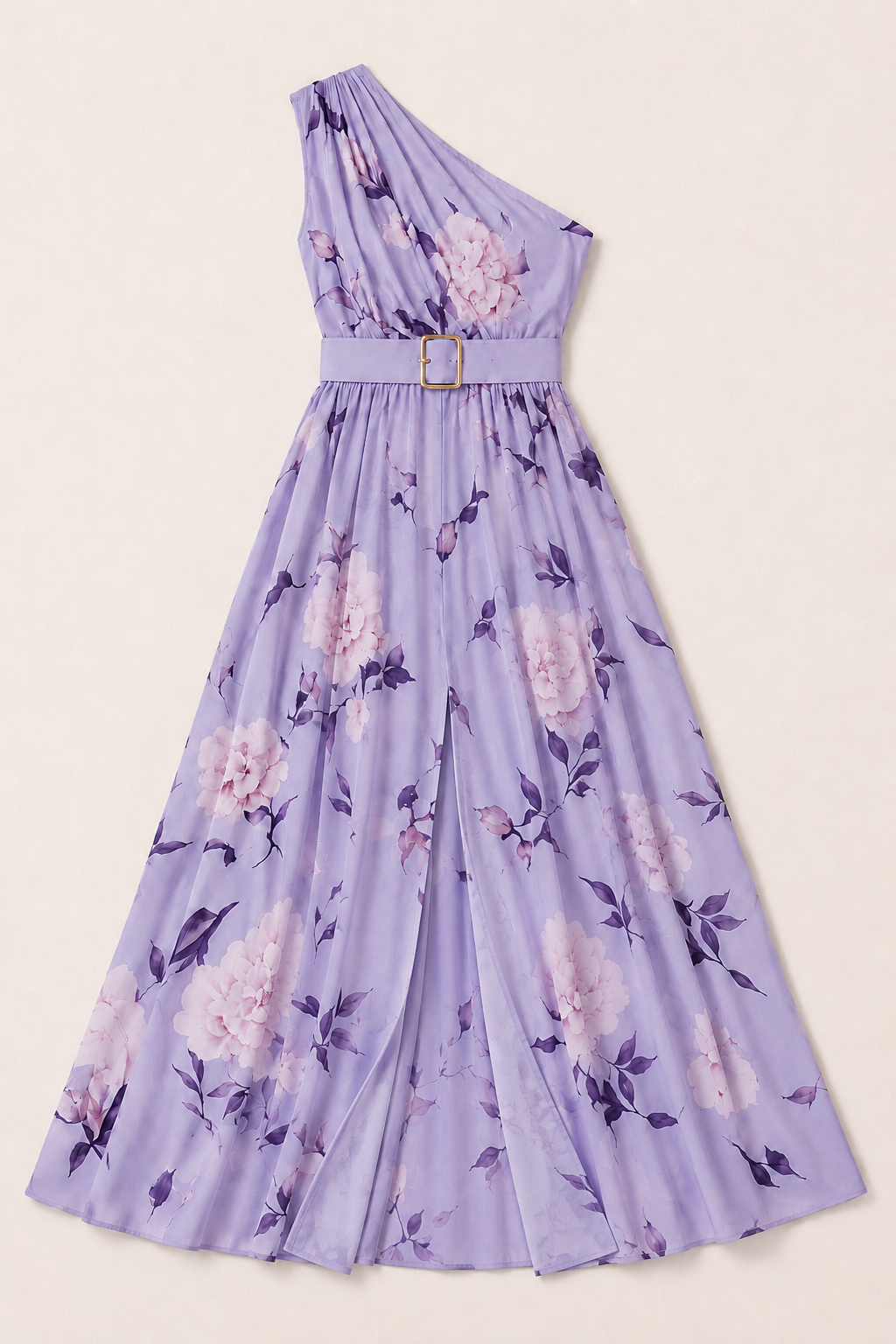 Flat-lay of the purple floral one-shoulder maxi dress showing the belt and front split