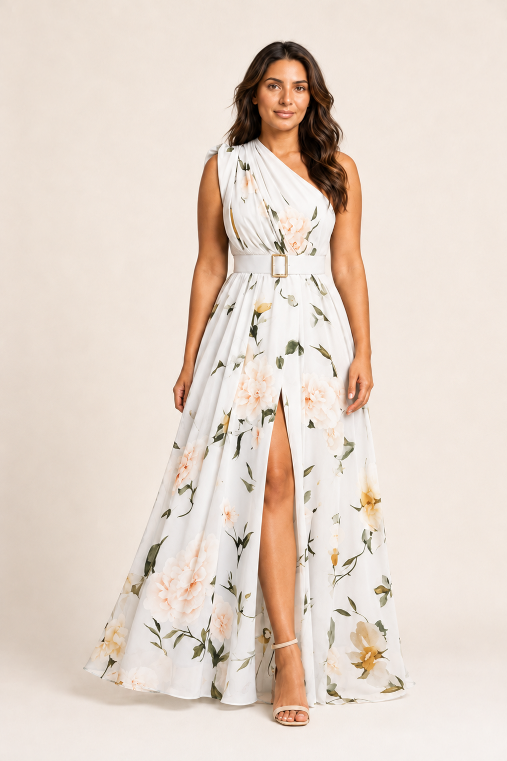 Woman wearing the white floral one-shoulder maxi dress, front three-quarter view