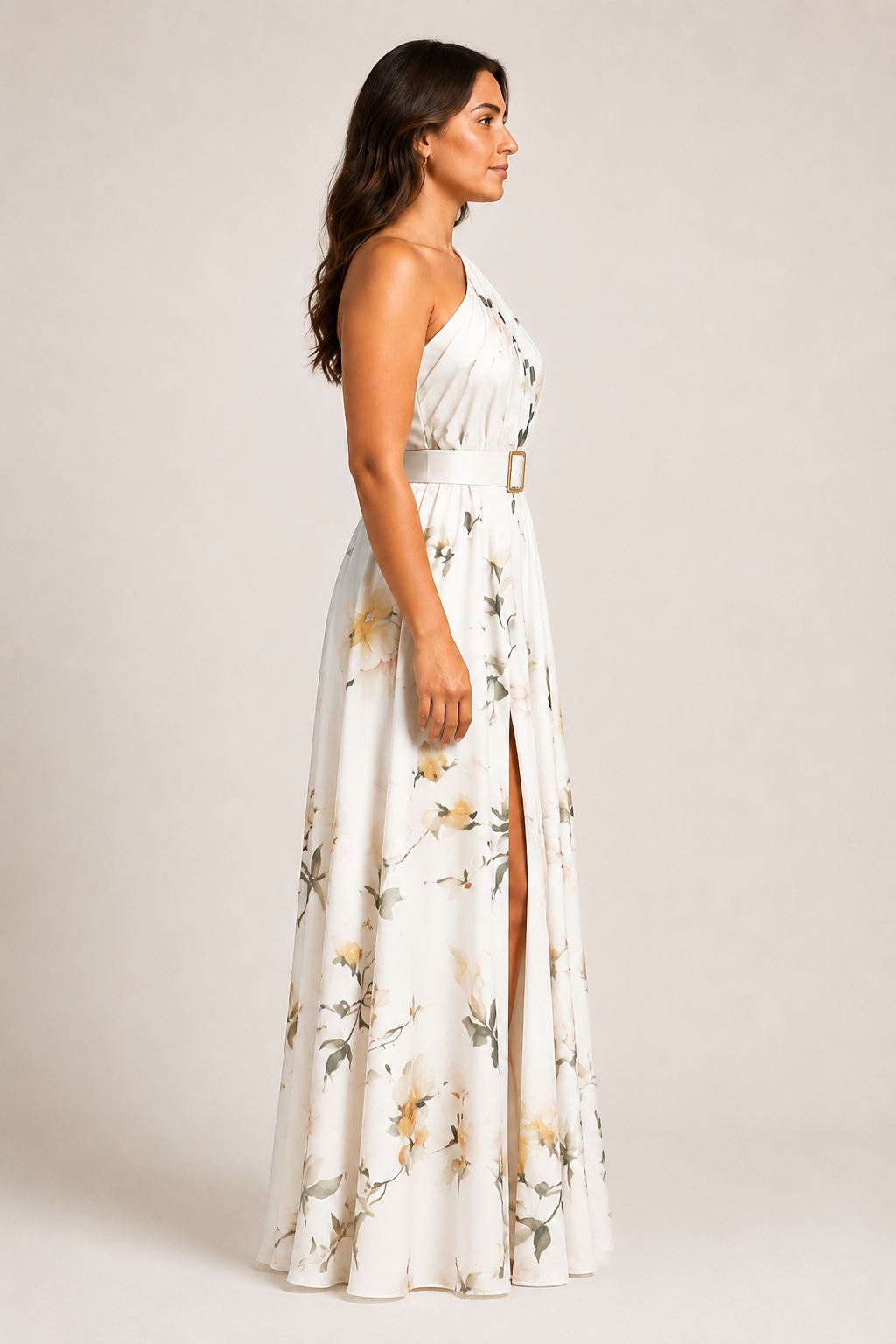 Side view of the white floral one-shoulder maxi dress showing the belted waist and front split