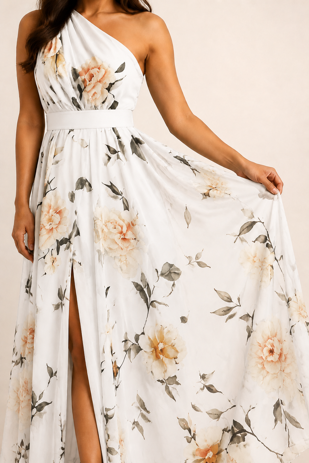 Model-worn close-up of the white dress showing the large floral print and fluid fabric